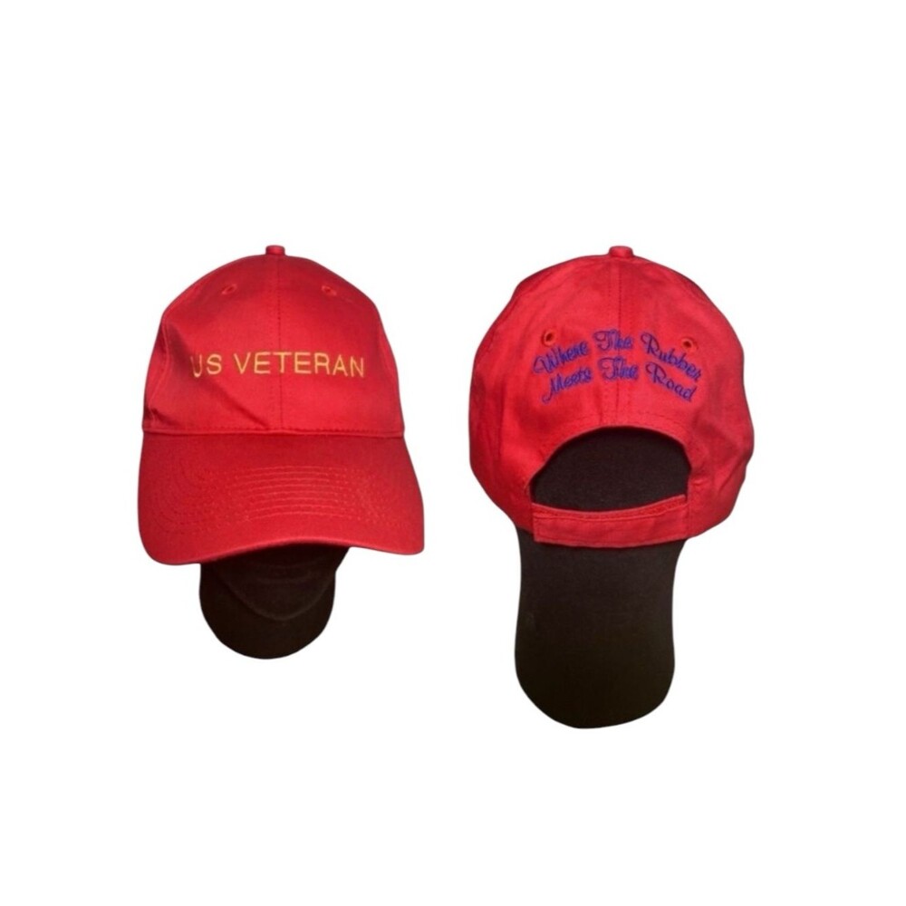 US Veteran Vet Cotton Red Strapback Ball Cap Hat Where the Rubber Meets the Road